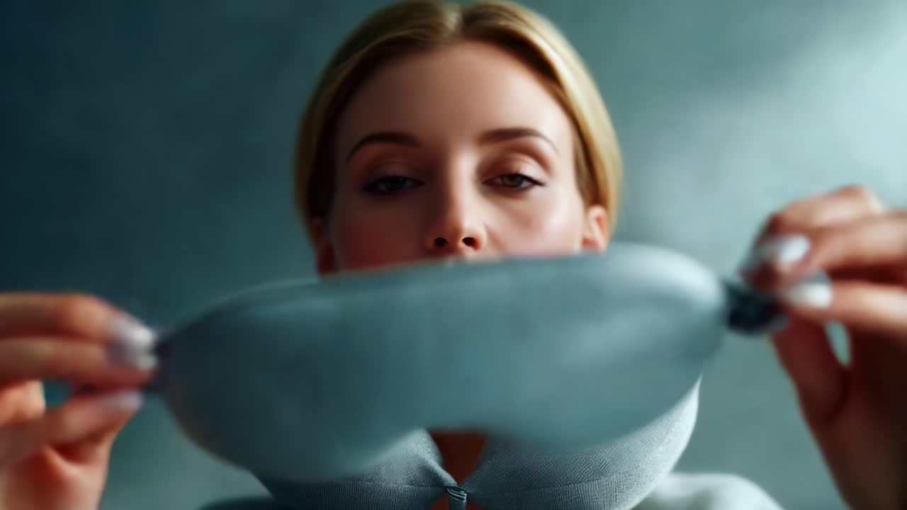 A serene moment captures a thoughtful woman wearing a sleep mask and neck pillow, embodying relaxation and tranquility in a calming, softly lit atmosphere