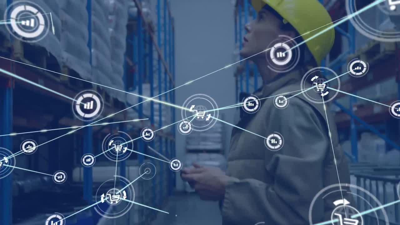 animación de una red de iconos digitales sobre una supervisora caucásica que usa una tableta en un almacén