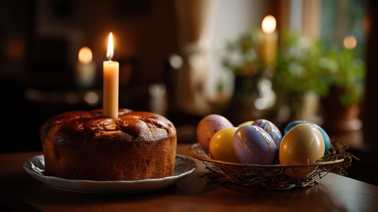 Easter Celebration: A Beautifully Decorated Cake with a Candle and Colorful Eggs Capturing the Essence of Festivity and Family Gatherings in a Cozy Atmosphere