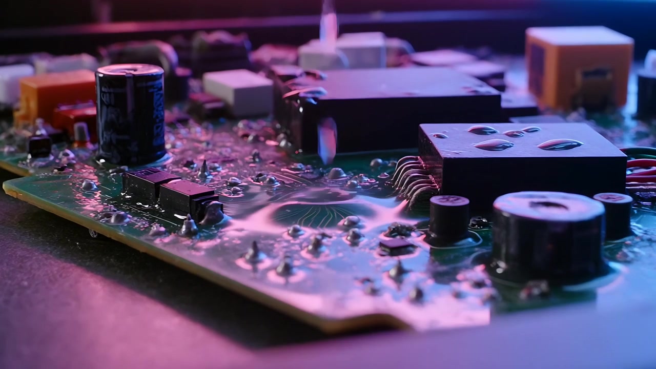 Dripping liquid stream from nozzle hitting populated PCB at workbench, testing solder joint wetting