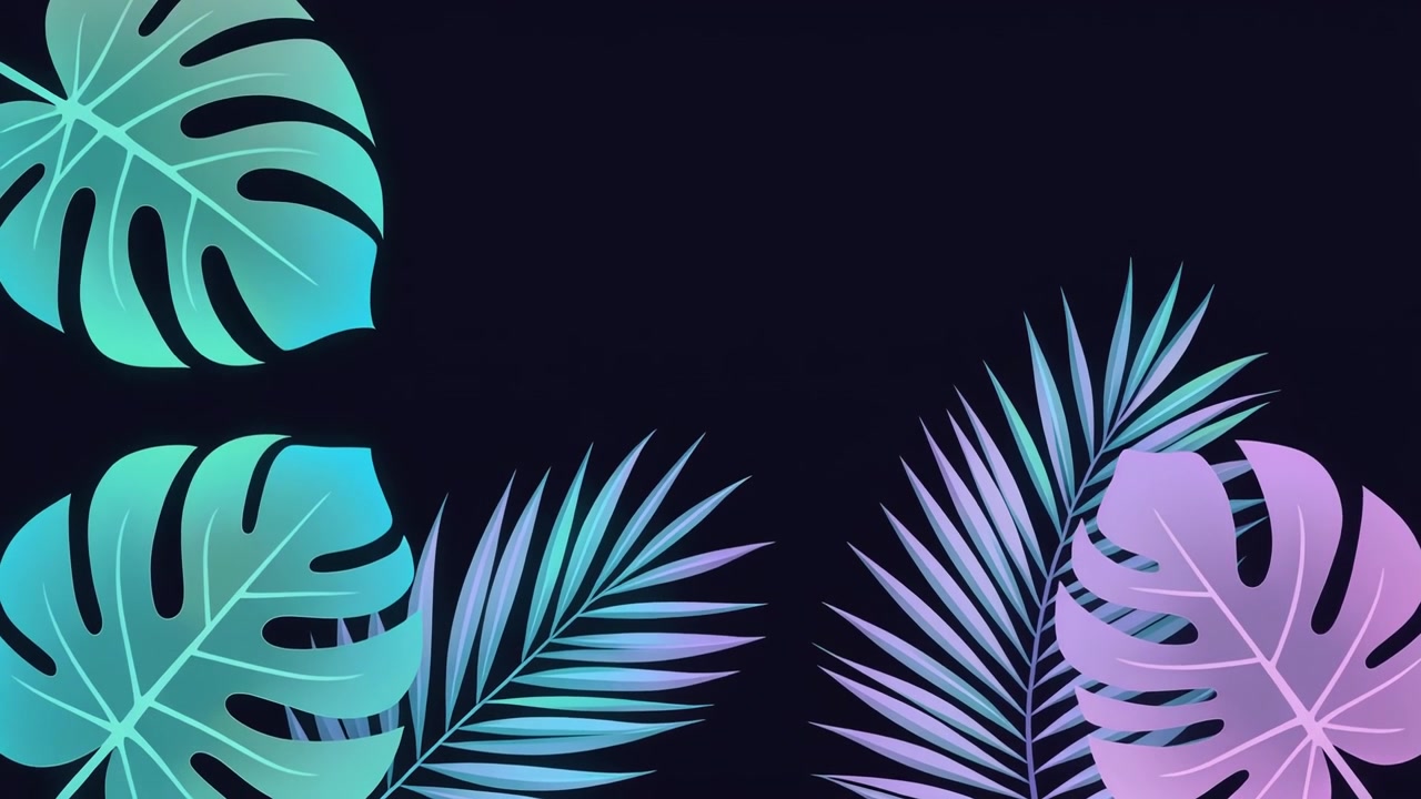 Animated Tropical Leaves with Neon Gradient Colors on Dark Background