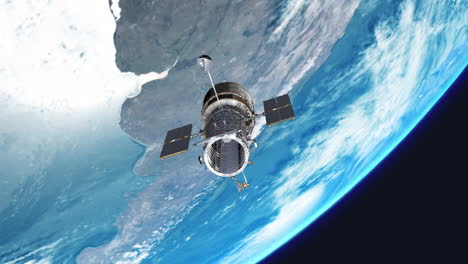 Hubble-Weltraumteleskop-Richtet-Sich-Aus,-Um-Fotos-Vom-Universum-Hoch-über-Der-Erdatmosphäre-Zu-Machen-–-Realistische-3D-CGI-Animation-4k