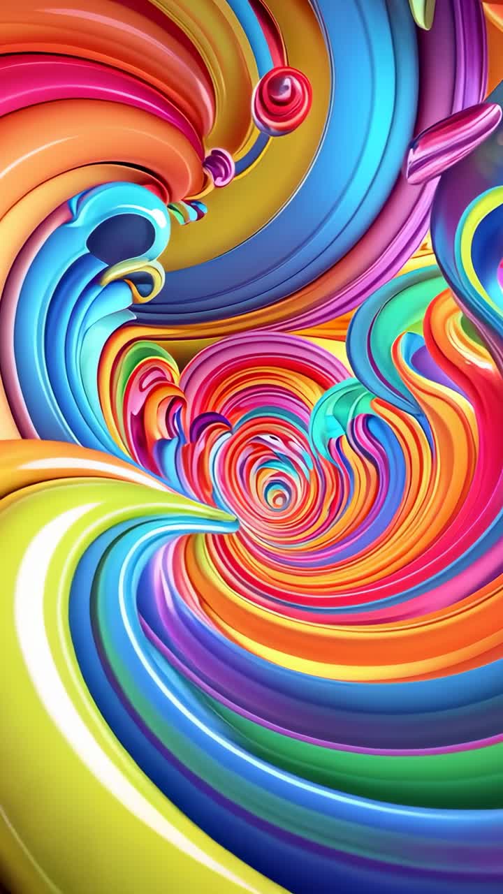 Video verticale: nastri vivaci e vorticosi che fluttuano in un tunnel, con perline a spirale per un'immersione coinvolgente