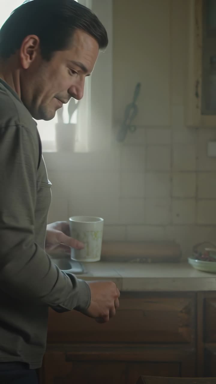 Video vertical: Bajando la vista, un hombre alcanzando una taza blanca en la encimera de la cocina y levantándola para beber.