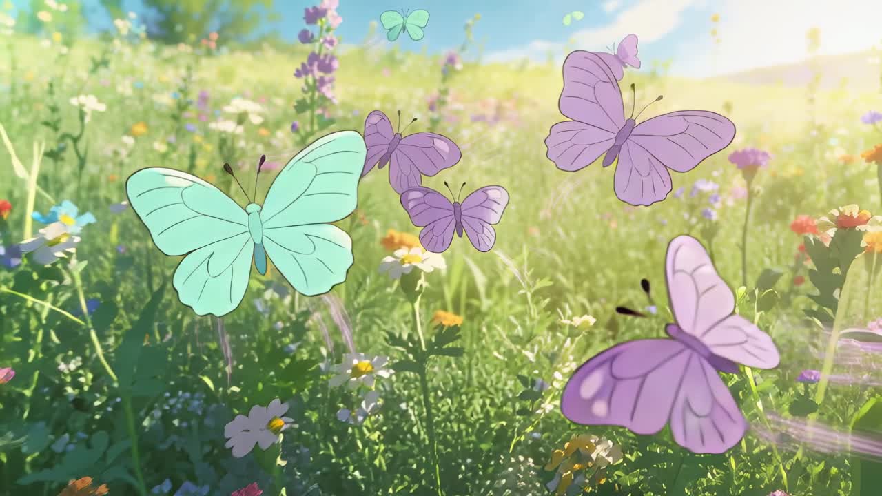 Taking off lavender and pale aqua butterflies rising toward camera in sunlit meadow with daisies