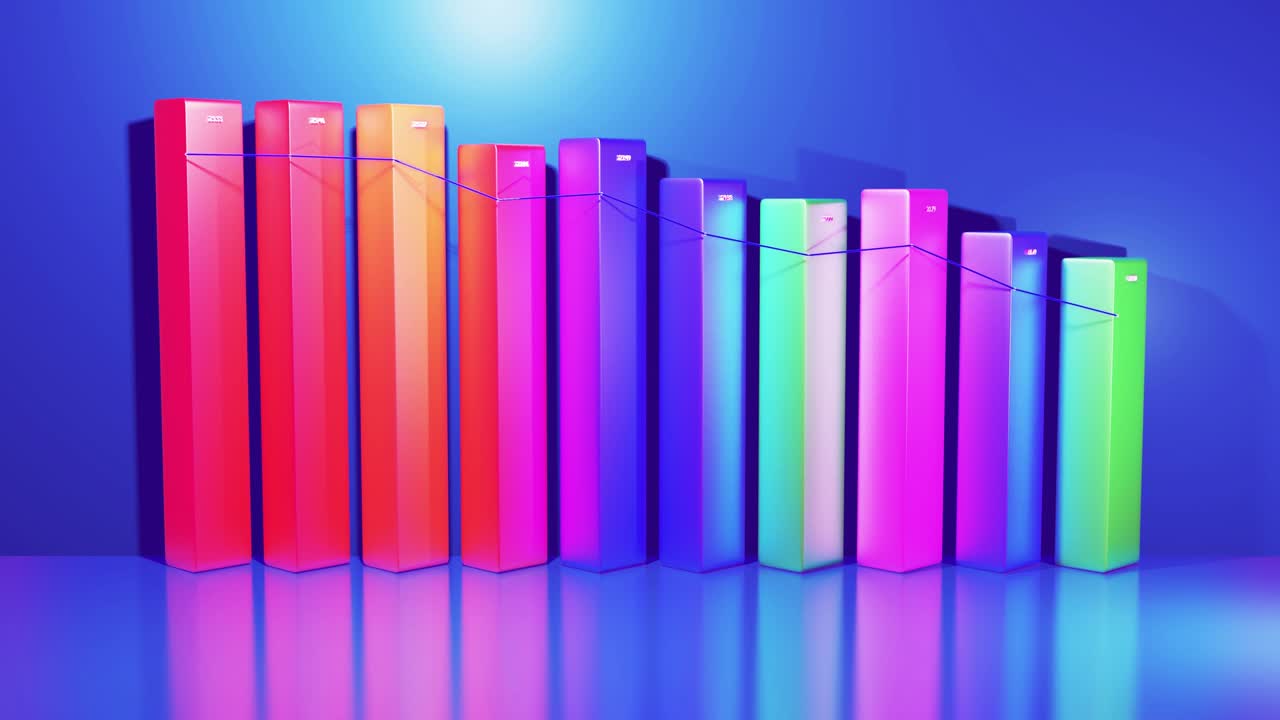 hermoso fondo en bucle 3d para programas analíticos con infografías abstractas, datos estadísticos. barras multicolores, contadores y gráficos. columnas 3d se mueven suavemente arriba y abajo en bucle. bg financiero