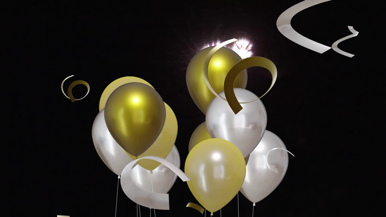 animación de globos de oro y plata con banderas de fiesta en fondo negro