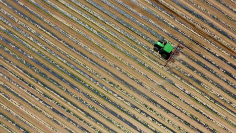 cinematic downward angle drone shot of tractor in a farm field with rows of crops