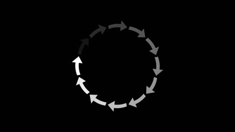 animation of white arrow icon that are arranged around each other in a circle on black background. indicator for loading progress. seamless looping. video animated background.