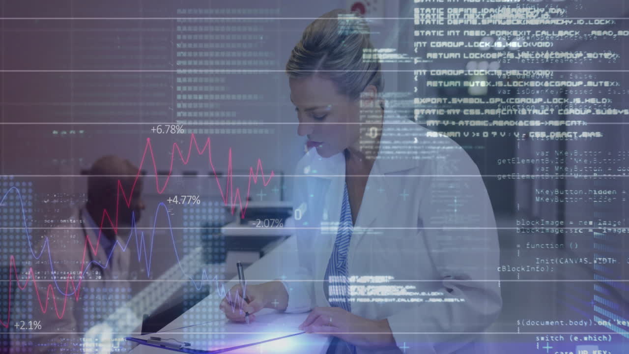 Analyzing data with graphs and coding, scientist focusing on animation overlay