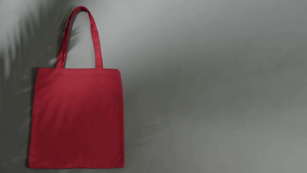 sombra de hoja moviéndose sobre bolsa roja en fondo gris, espacio de copia, cámara lenta