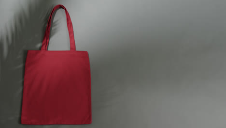 leaf shadow moving over red bag on grey background, copy space, slow motion