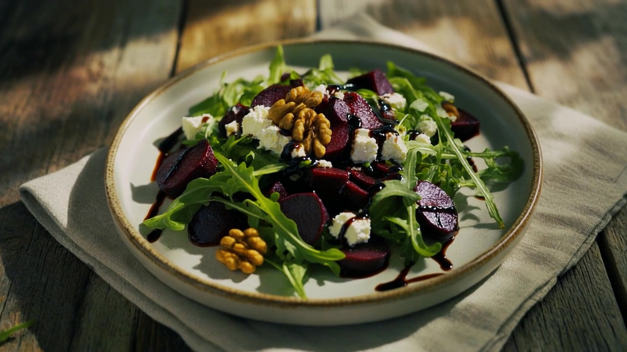 Frisk rødbedesalat med gedeost og valnødder på træbord