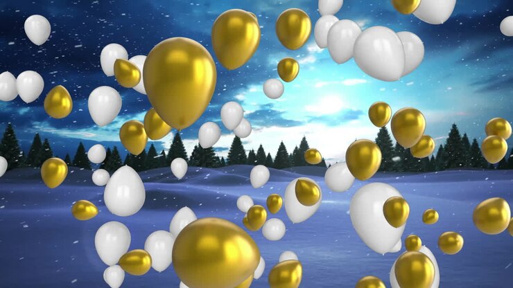 Animazione di palloncini dorati e bianchi su paesaggio innevato con pini