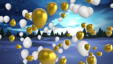 Animación-De-Globos-Dorados-Y-Blancos-Sobre-Un-Paisaje-Nevado-Con-Pinos.