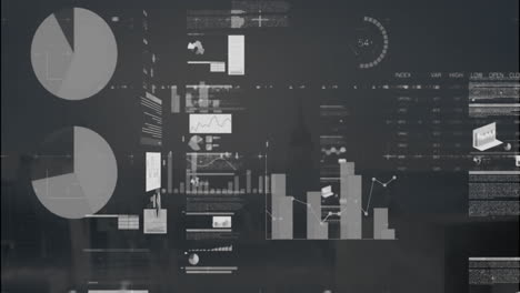 animación de múltiples gráficos, círculos de carga y tablero de negociación sobre un fondo abstracto