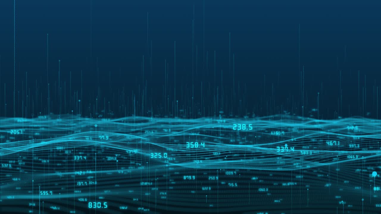 Blue digital features waves from particle flares as binary digits float upward for futuristic data