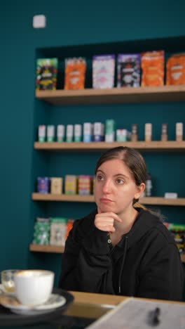 mujer sentada en una cafetería