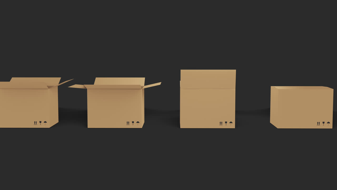 Seamless row of brown cardboard boxes with lids opening on black background