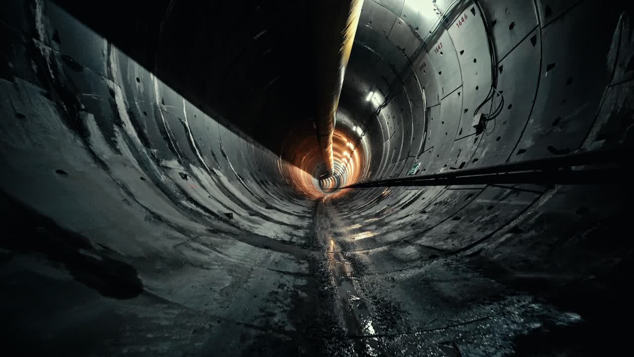 Gennem en lang mørk underjordisk tunnel med lys for enden