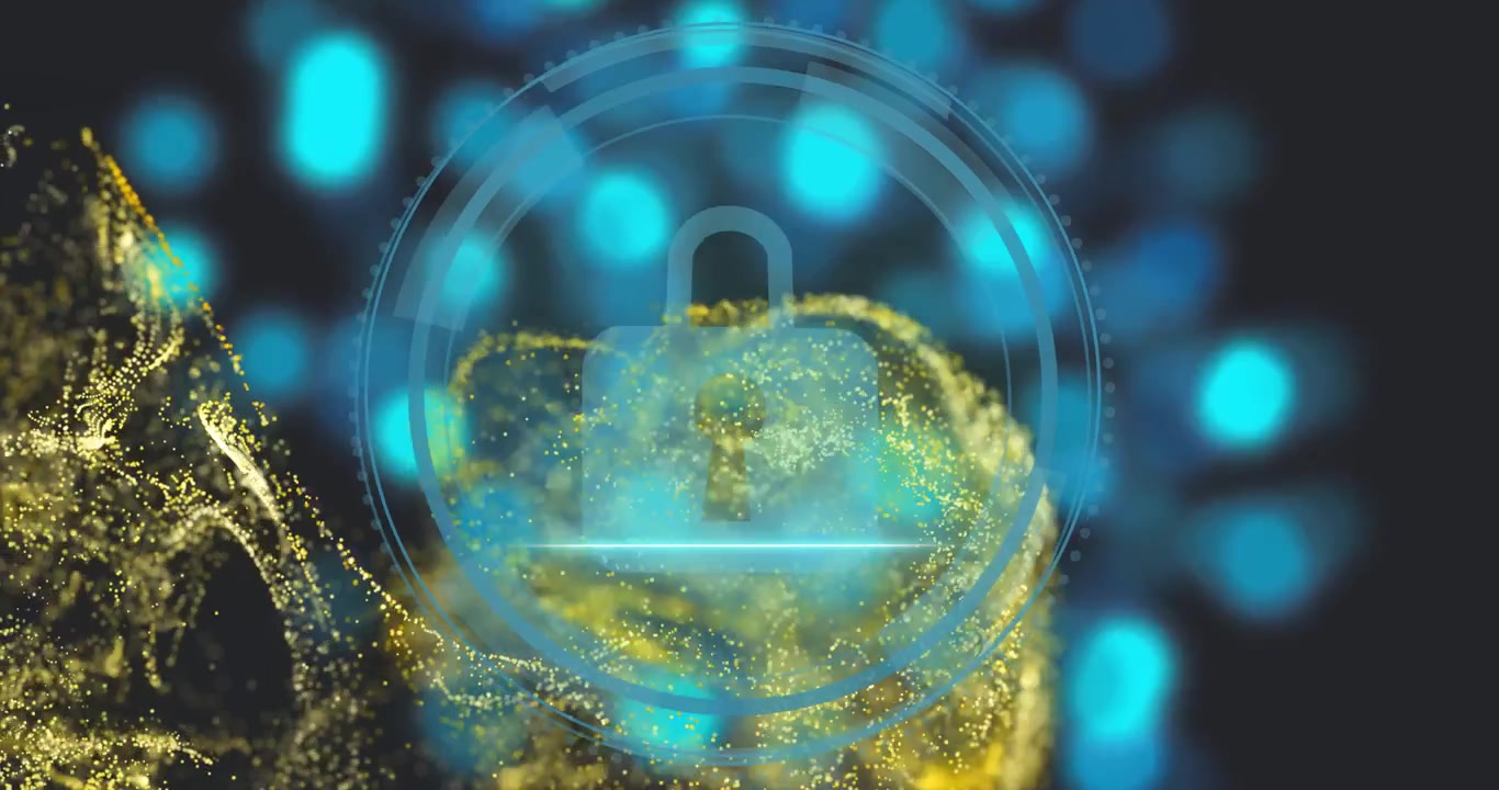 Golden particles entering, flowing toward padlock in HUD rings, scanning and showing Cyber Security