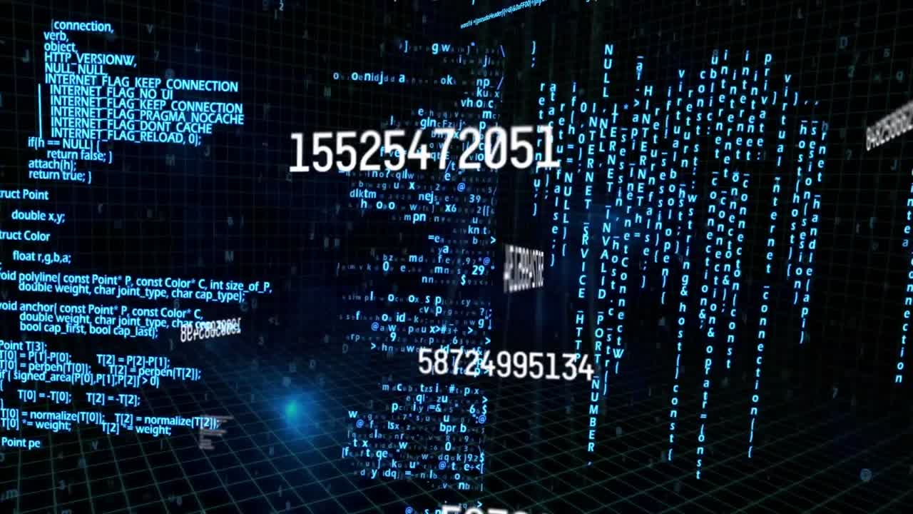 Animation of numbers changing and data processing on black background