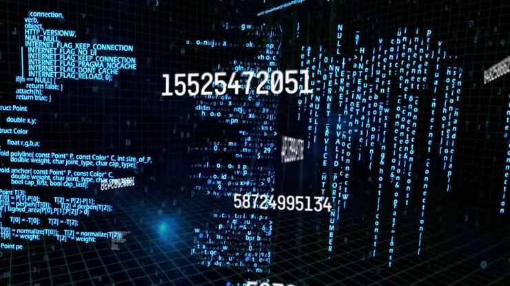 Animation of numbers changing and data processing on black background