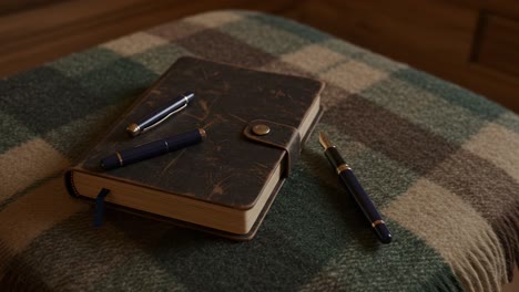 a leather journal and pens on a plaid blanket