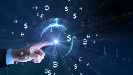 stock market analysis and stock trading, currency symbols, business graphs and global money transfers. 3d illustration.