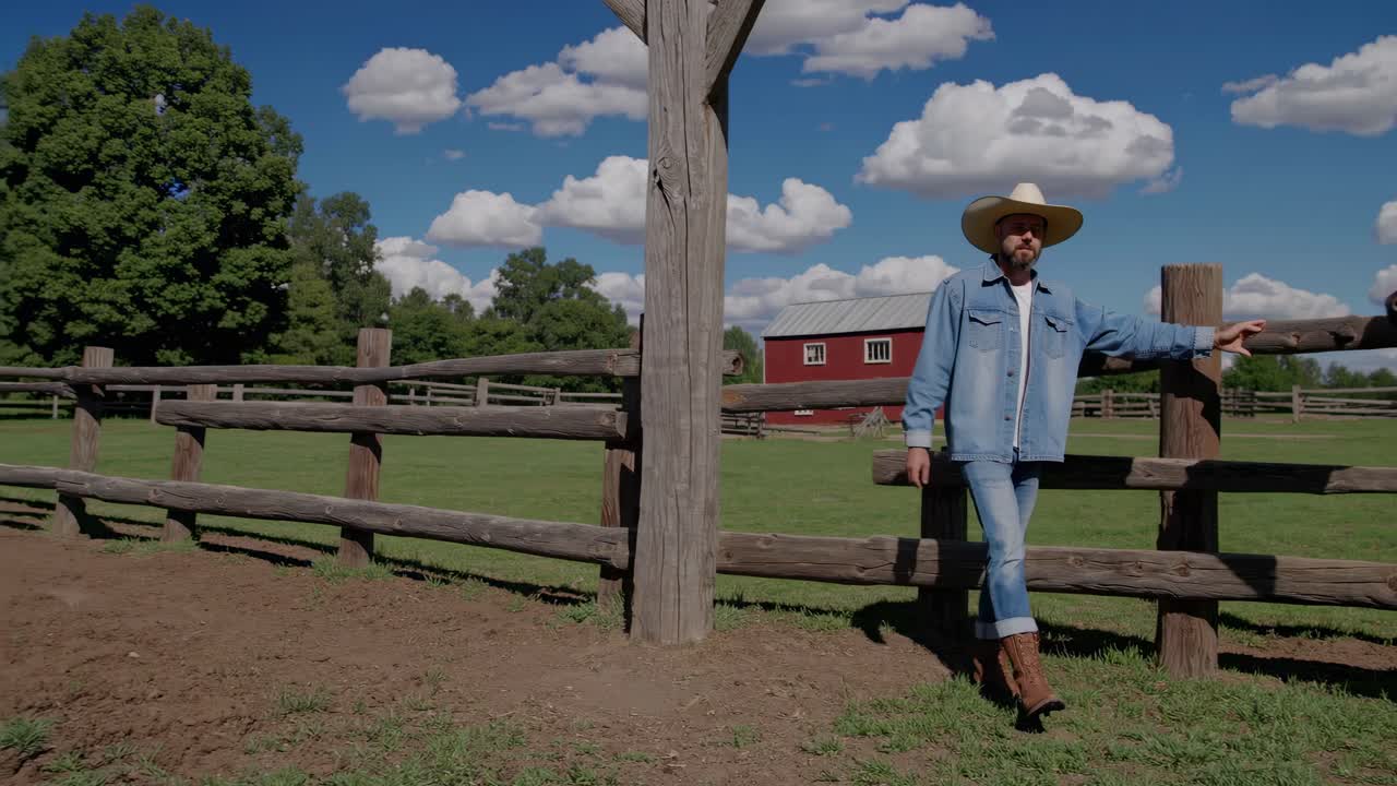 Cowboy interacts with a cow on a farm