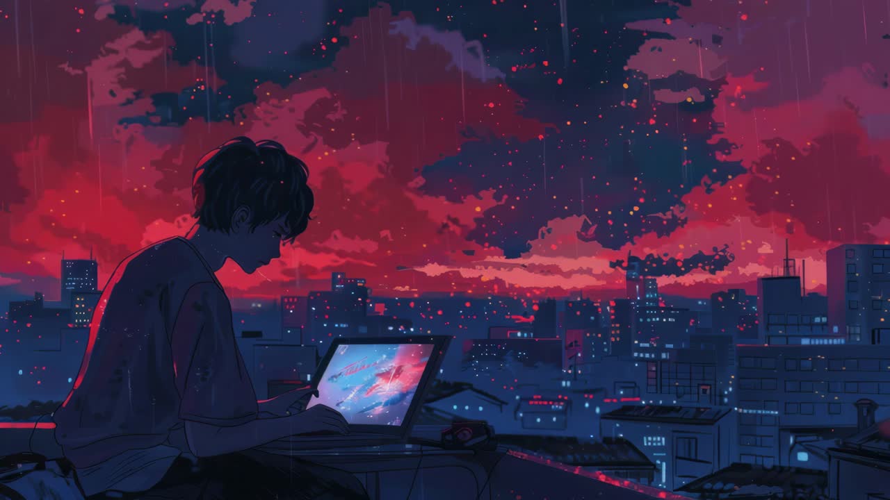 Anime-style scene of a person using a laptop on a rooftop at sunset