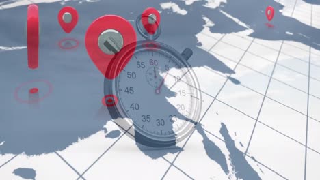 animation of red location pins and world map and stopwatch