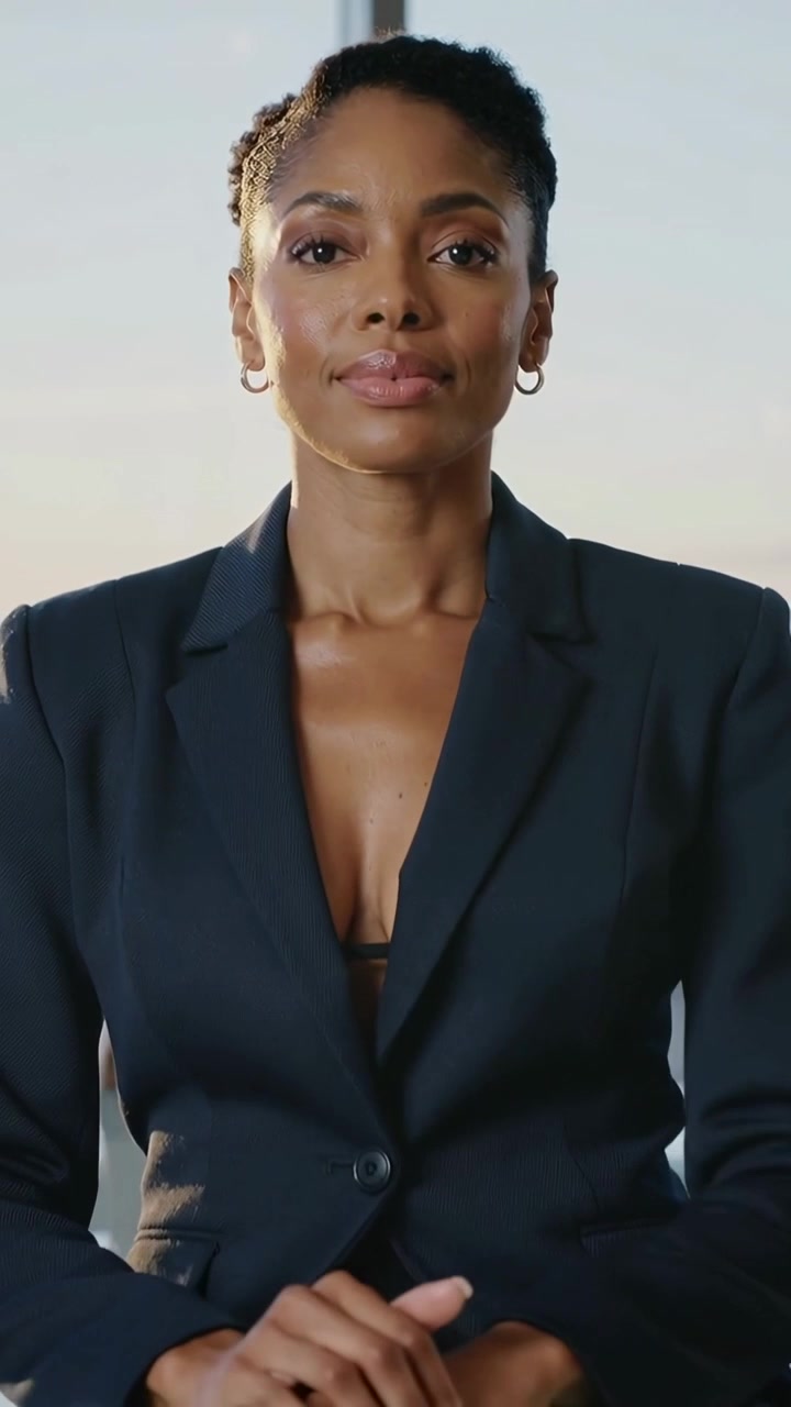 Vídeo vertical: Mulher de blazer e argolas se apresentando, ajustando a pose enquanto a câmera se afasta na varanda.