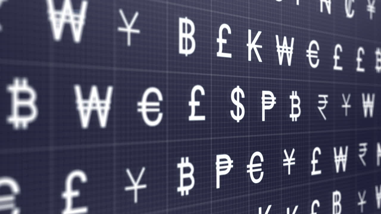 Animation of currency symbols on black background