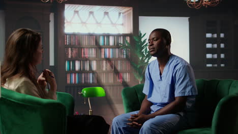 doctor and patient consultation in a library setting