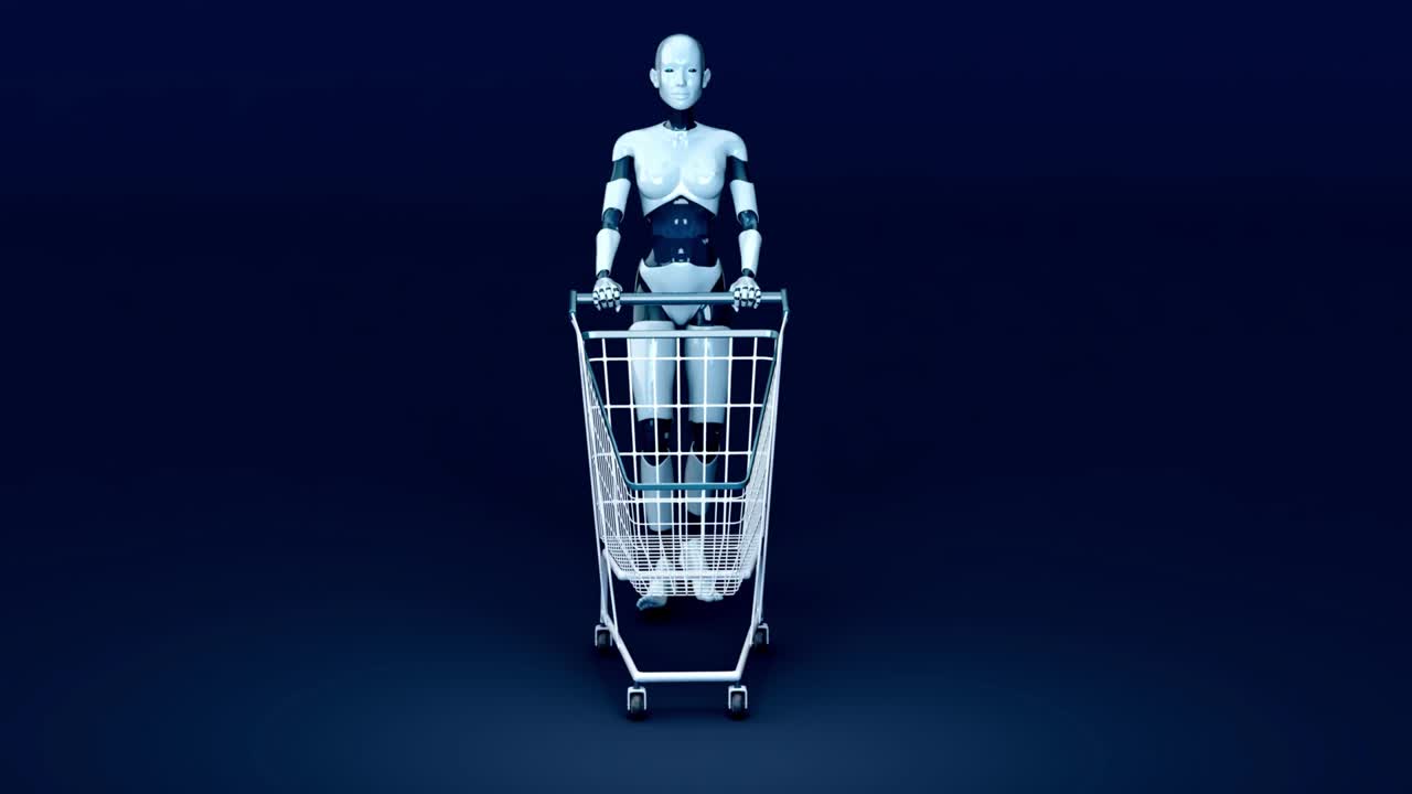 4K concept animation of a woman robot shopping