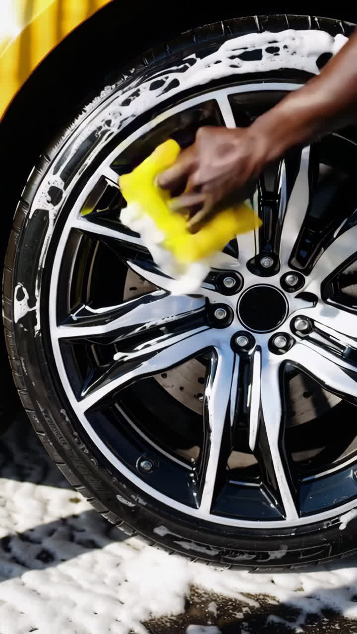 A person cleaning a car wheel with soap and a sponge