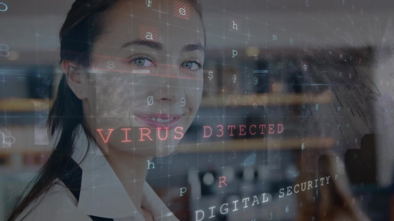 Animation of data processing over caucasian female barista using tablet