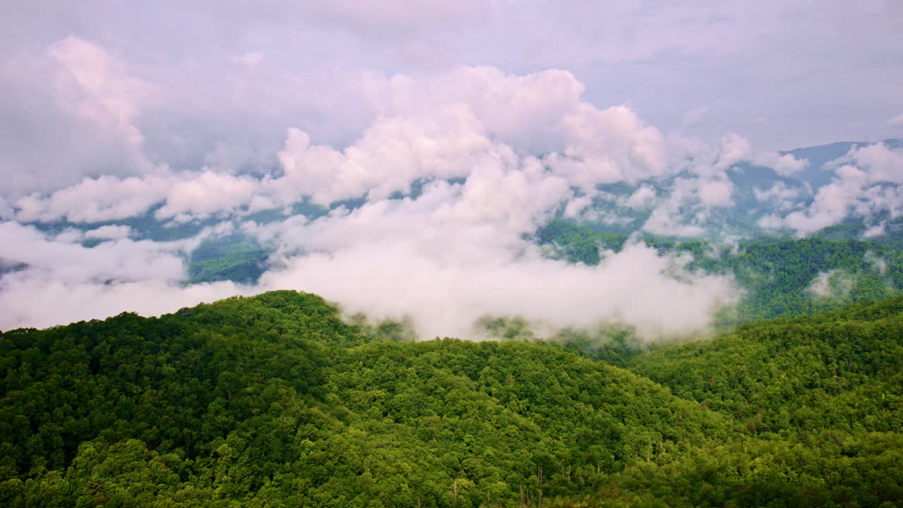 Sweeping cinematic drone view of the Smoky Mountains.