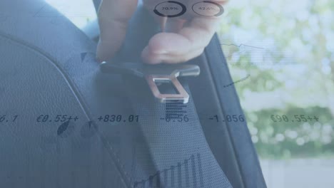 animation of multiple graphs and trading board, cropped hand of caucasian man adjusting seat belt