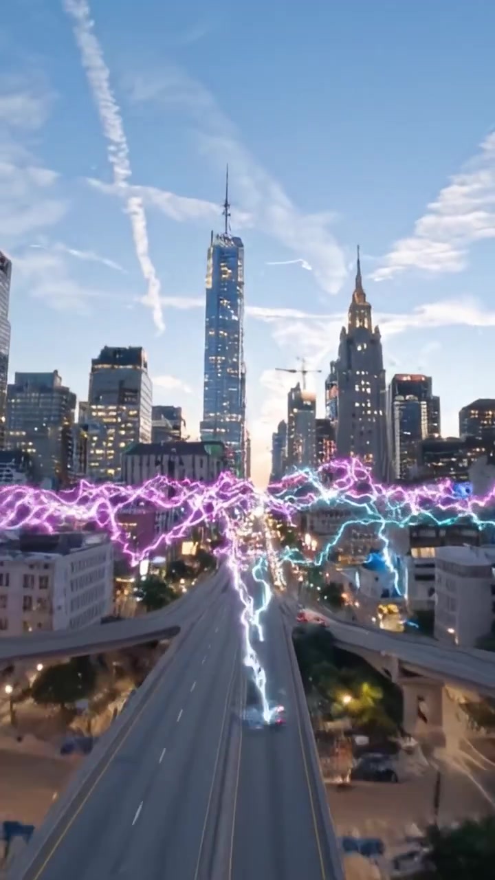 Spectacular Urban Landscape Illuminated by Dramatic Lightning Strikes Over Skyscrapers and Bustling Streets, Capturing the Energy of the City at Dusk