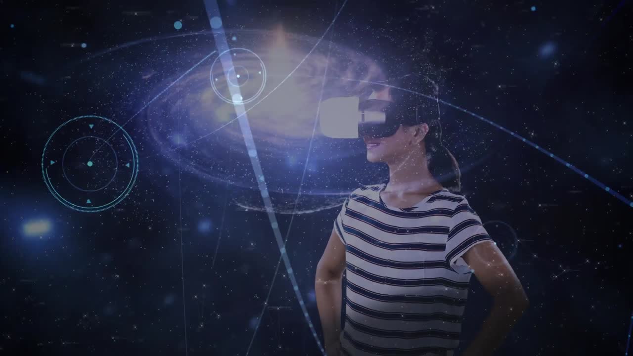 animación de la red de conexiones sobre la mujer que usa auriculares vr