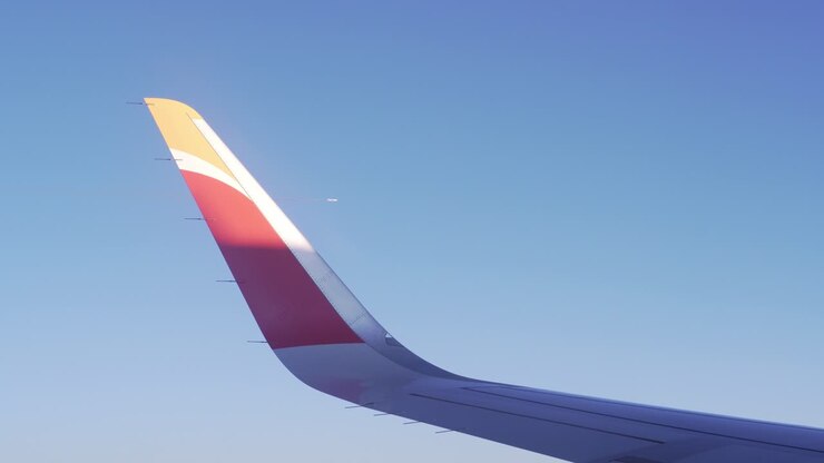 Ala di un aereo che vola sopra le nuvole in un bellissimo pomeriggio luminoso con nuvole basse.
