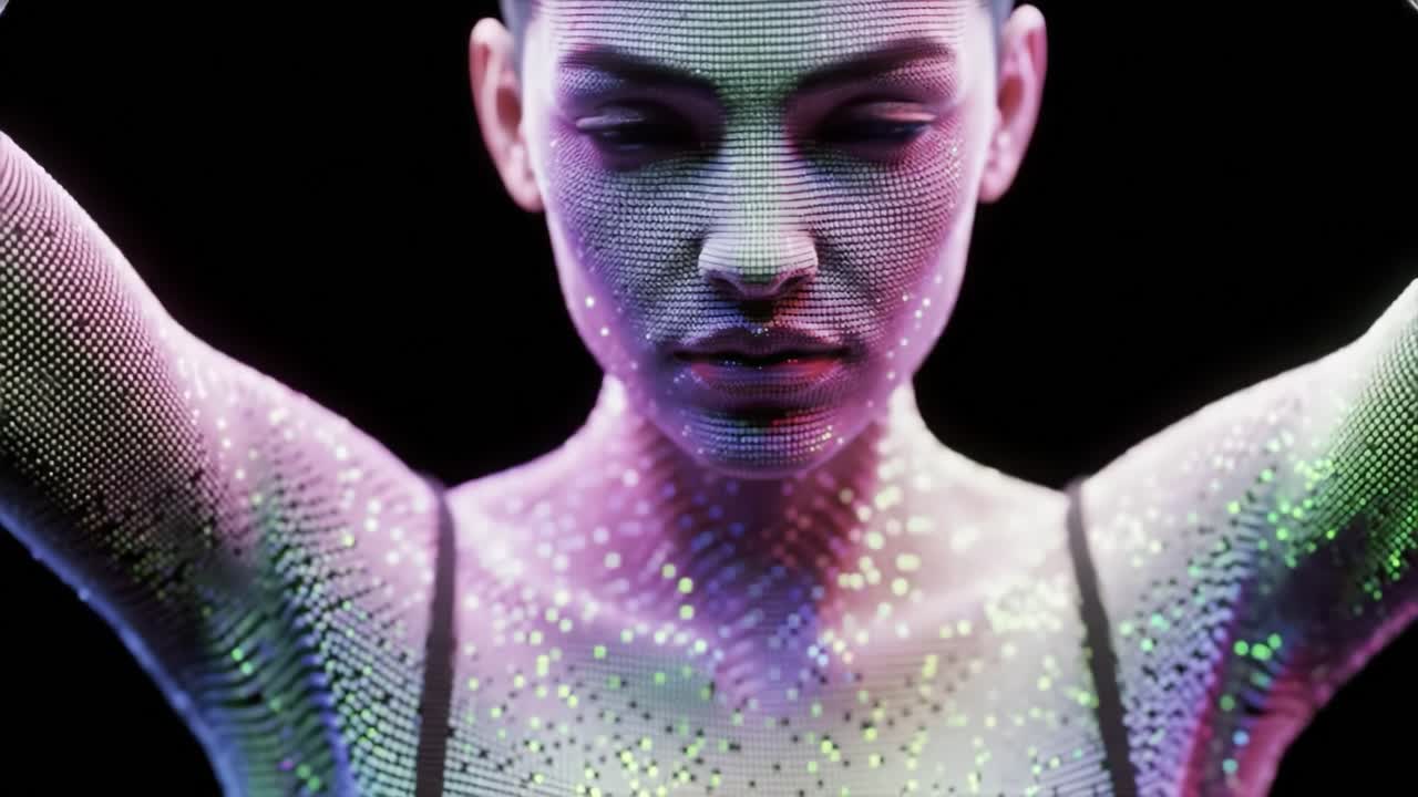 A Stunning Close-Up of a Futuristic Figure with a Mesmerizing Pixelated Skin Design, Conveying a Blend of Art and Technology in a Dark Environment