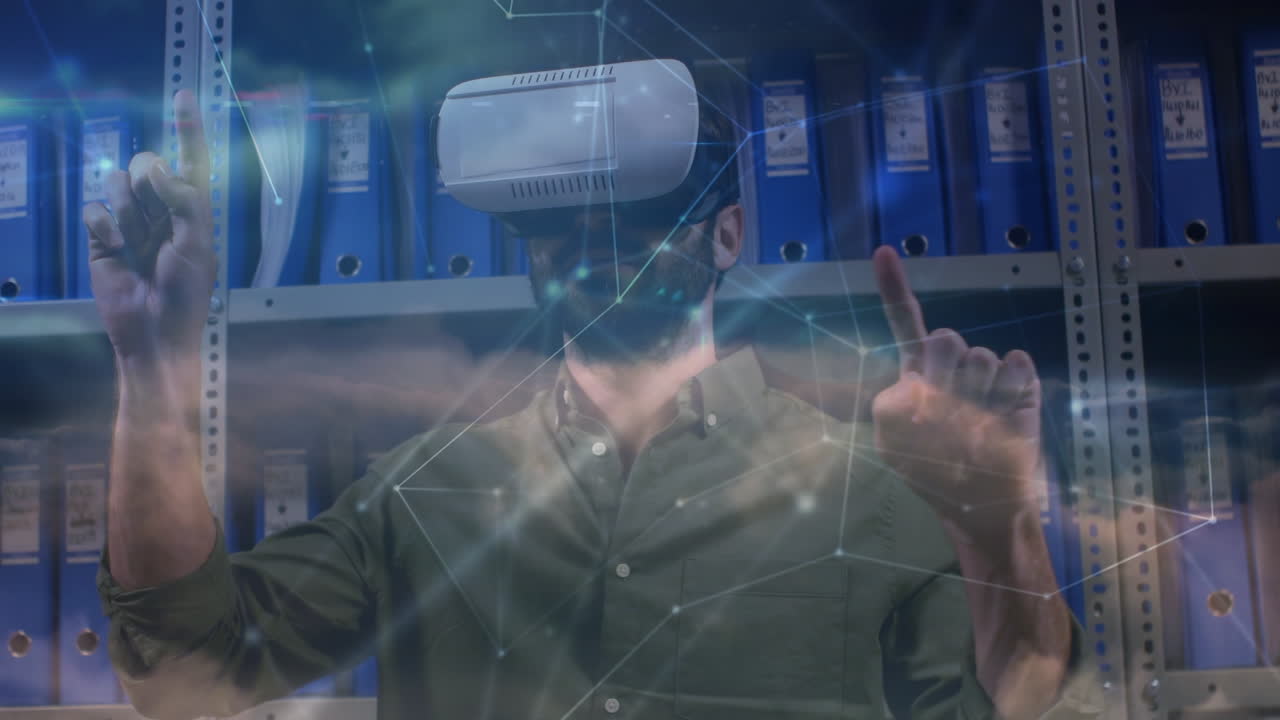 Animation of network of connections over caucasian man wearing vr headset