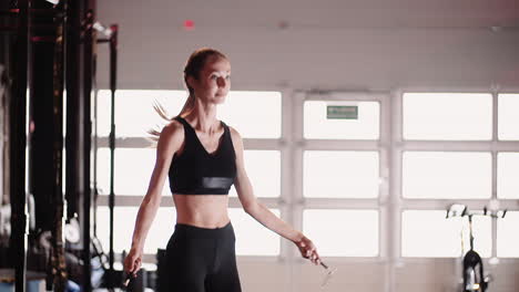 Slow-Motion-Of-Beautiful-Confident-Young-Woman-Exercising-Using-Skipping-Rope