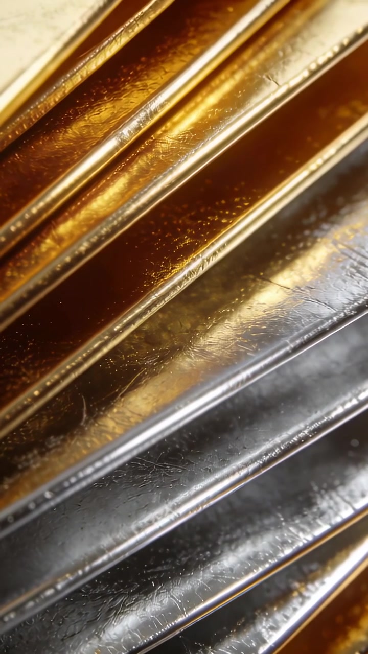 Video verticale: La telecamera si inclina e sposta la messa a fuoco su alette metalliche in primo piano, rivelando la texture della superficie.