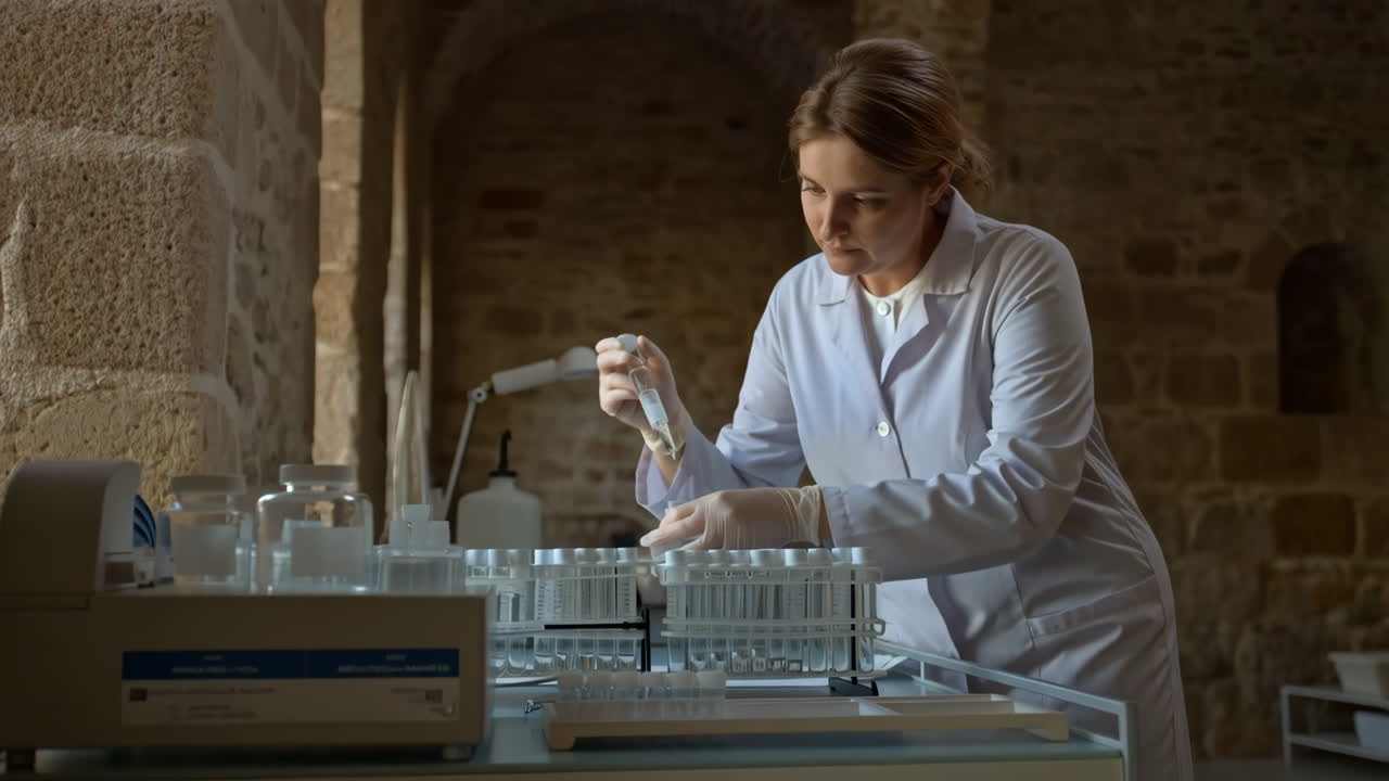Scientist in Lab Coat Working with Test Tubes and Pipette in a Laboratory