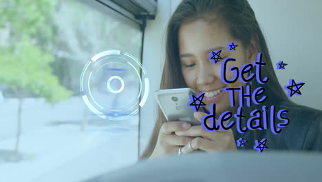 using smartphone with animation of star graphics, woman smiling in school