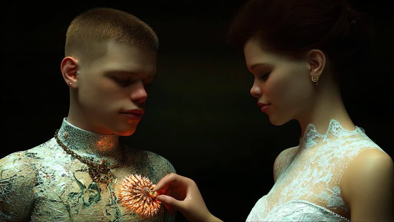 A tender moment captures a young couple sharing a unique connection, illuminated by the exquisite glow of a floral adornment, symbolizing love and beauty in an enchanting setting